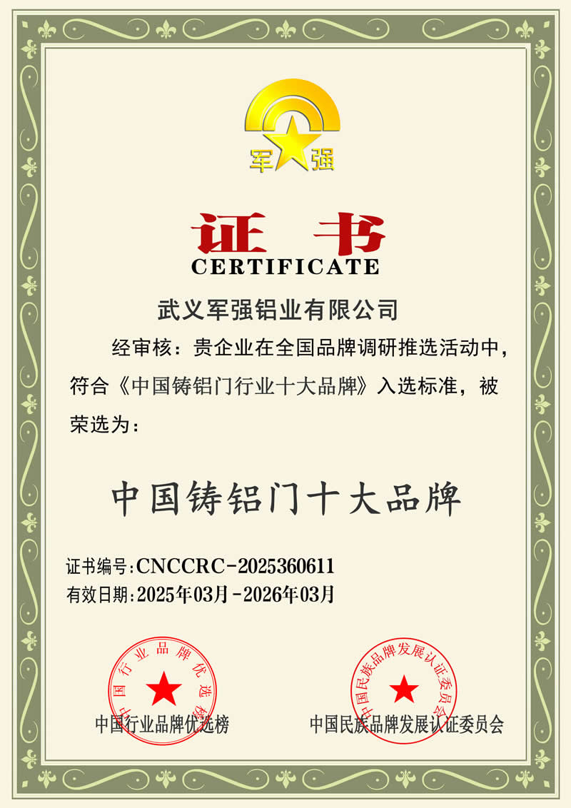 軍強(qiáng)門(mén)業(yè)榮膺2025年中國(guó)鑄鋁門(mén)十大品牌稱號(hào)